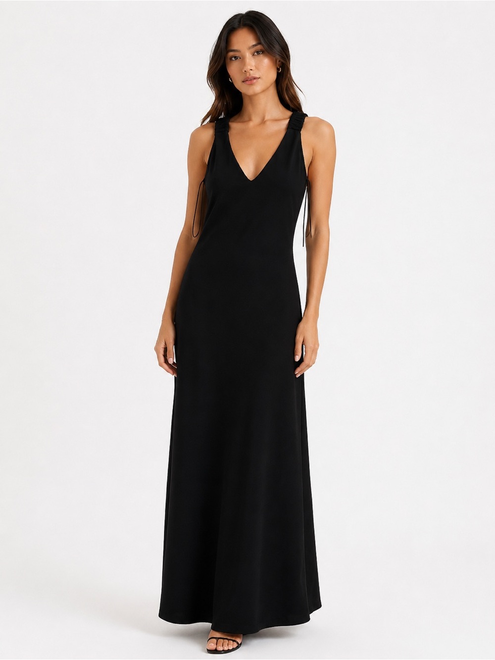 ZARA Black Elegant Maxi Dress Women’s V-Neck Minimalist Old Money Chic